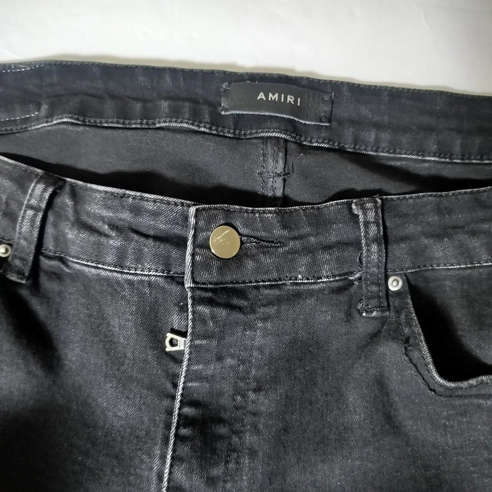 Amiri Mens Distressed Logo Denim Jeans Black Ripped Slim Fit‎ Streetwear 36x34